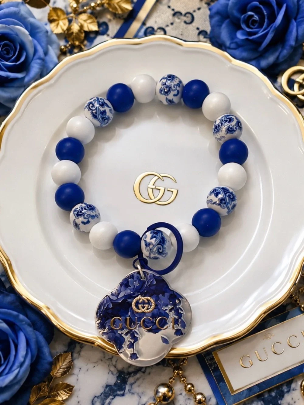Hand Crafted Blue/White Beaded  Wristlet Keychain with Inspired Floral Charm